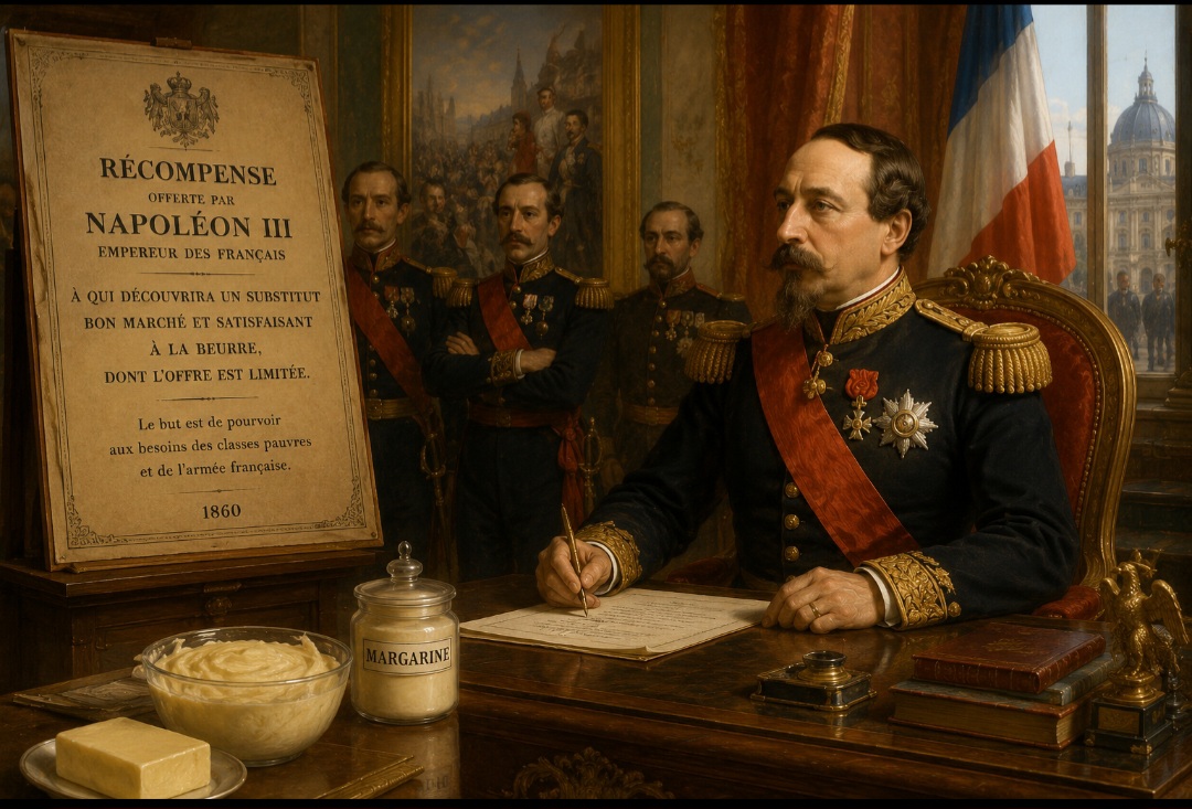 Em 1860, o imperador Napoleão III, da França, ofereceu uma recompensa a quem desenvolvesse um substituto mais barato e satisfatório para a manteiga, cuja oferta era limitada. O objetivo era atender às necessidades das camadas mais pobres da população e do exército francês.