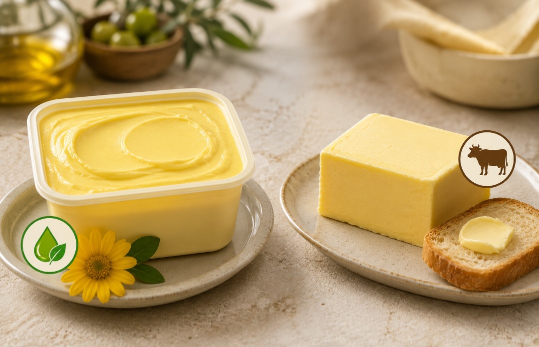 A margarina costuma ser formulada para conter menos gorduras saturadas do que a manteiga e, por ser produzida com óleos vegetais, não contém colesterol. Quando possui baixo teor de gorduras saturadas e não contém gordura trans industrial, pode representar uma opção mais favorável à saúde cardiovascular do que a manteiga.