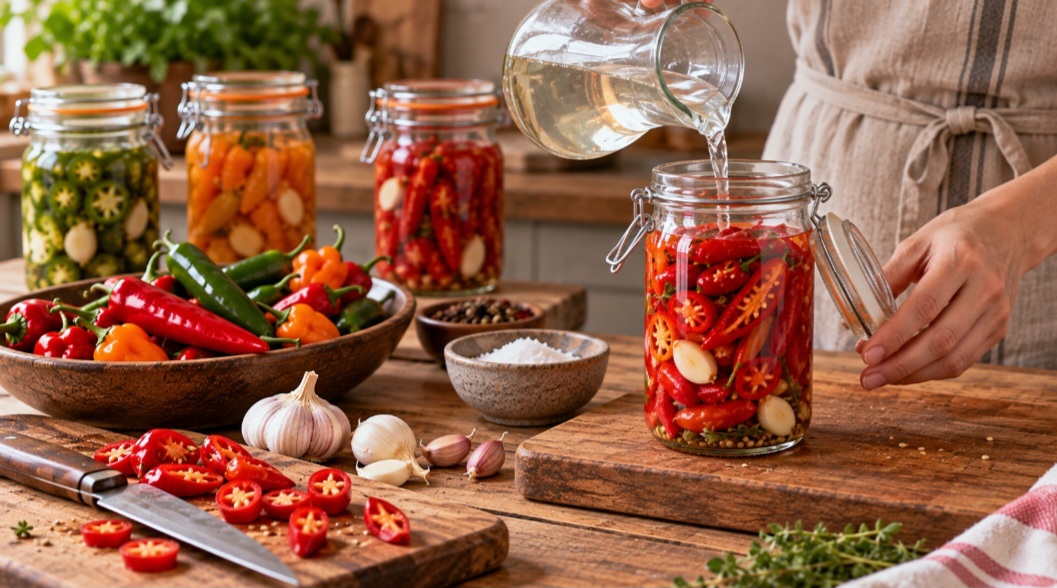 As pimentas ficam completamente submersas em uma salmoura para favorecer a fermentação e evitar contaminações. Durante o processo, microrganismos benéficos se desenvolvem de forma natural. O tempo de fermentação varia conforme a receita e o resultado desejado.