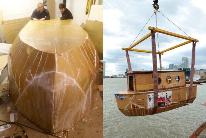 Projeto sustentável britânico levou casa flutuante de papelão reciclado às águas do Rio Tâmisa, em Londres