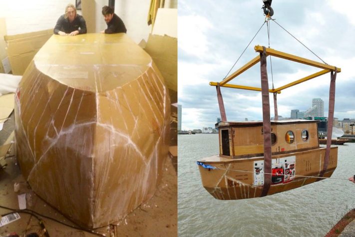 'This Way Up': projeto sustentável britânico levou casa flutuante de papelão reciclado às águas do Rio Tâmisa, em Londres – Reprodução @harrydwyerisok 