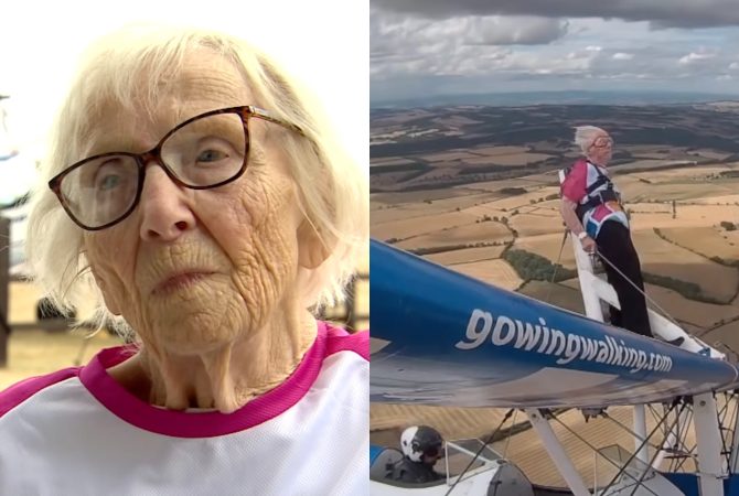 ‘Wing walking’: Após sofrer derrame, britânica de 97 anos se torna a mais velha do mundo a realizar acrobacias em cima de um avião
