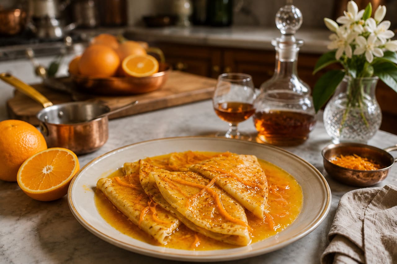 Crêpes Suzette
Criada na França, é uma das sobremesas flambadas mais famosas do mundo. As finas panquecas são envolvidas em molho de manteiga, açúcar, laranja e licor, sendo flambadas antes de servir.