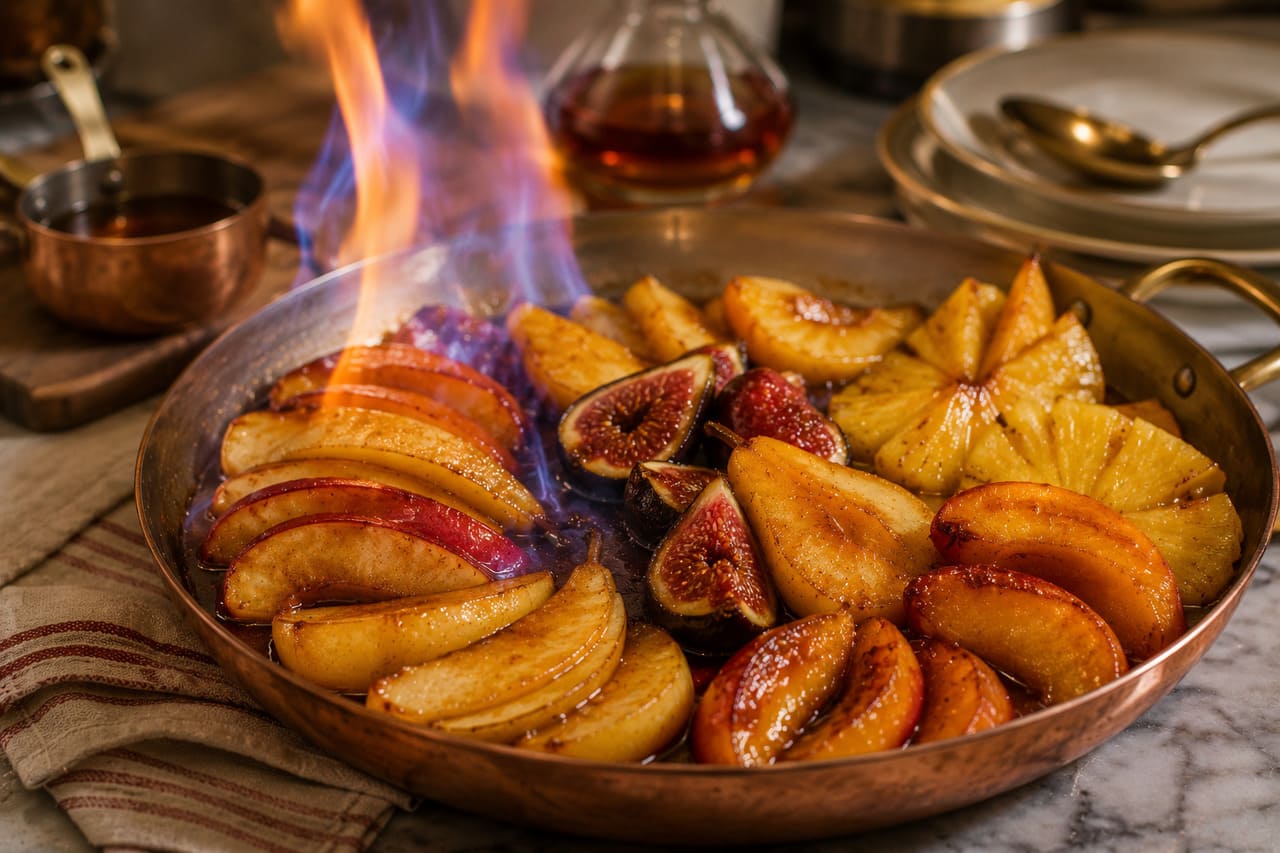 Frutas flambadas
Além das bananas e cerejas, frutas como maçã, pera, pêssego, abacaxi e figo também podem ser flambadas. O calor intensifica os açúcares naturais e deixa a sobremesa mais aromática.