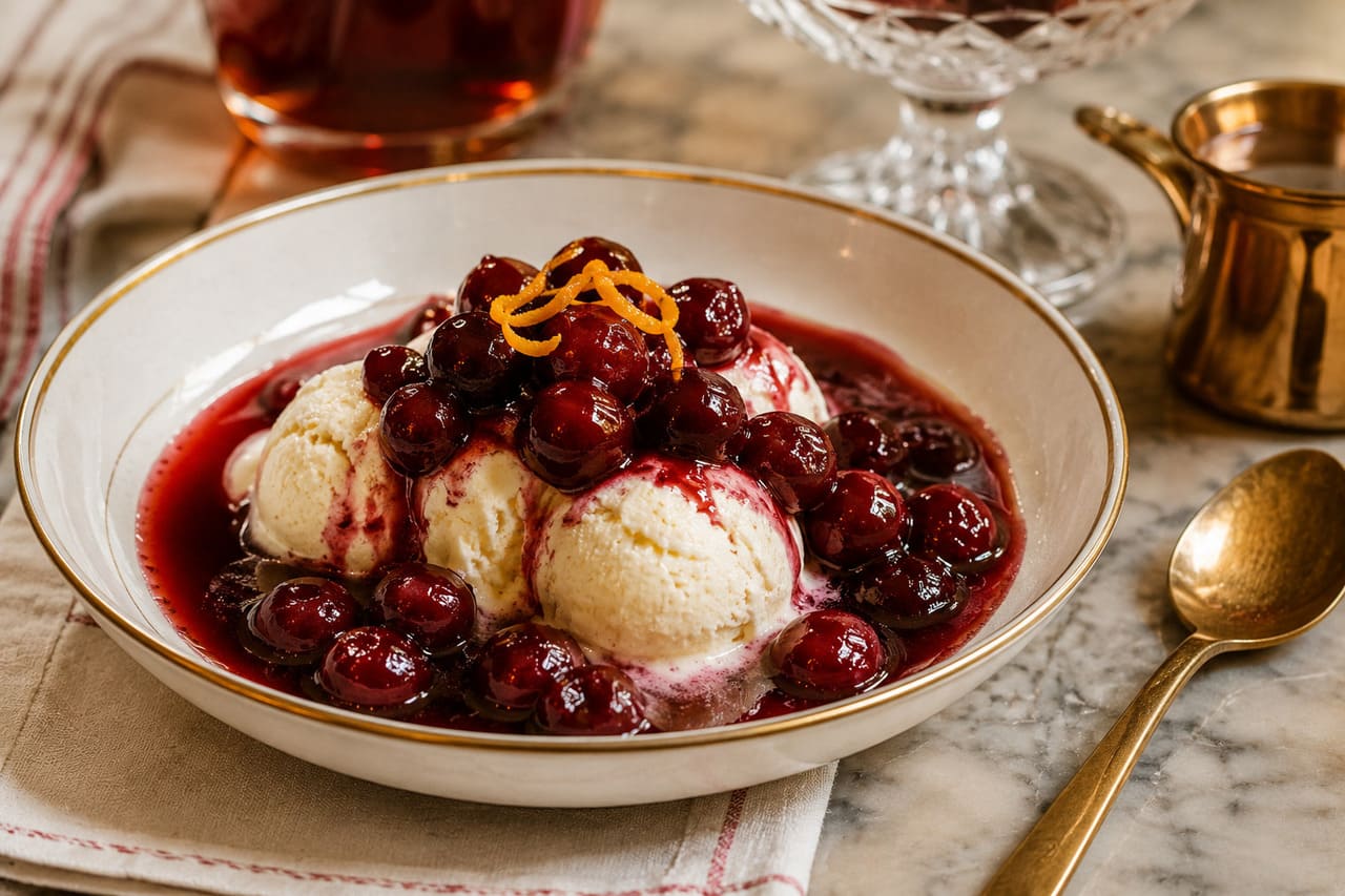 Cerejas Jubilee
Outra receita tradicional leva cerejas cozidas em calda com açúcar e licor. Depois de flambadas, elas são servidas sobre sorvete, criando um contraste entre o quente e o gelado.