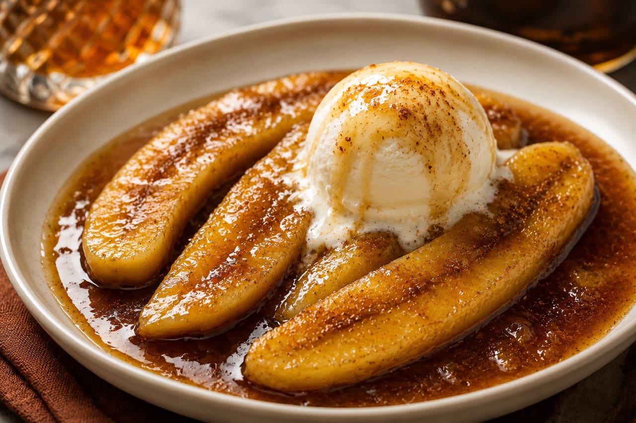 Bananas Foster
Clássica sobremesa de Nova Orleans, nos Estados Unidos, combina bananas, manteiga, açúcar mascavo, canela e rum. Após o flambado, costuma ser servida ainda quente com sorvete de baunilha.