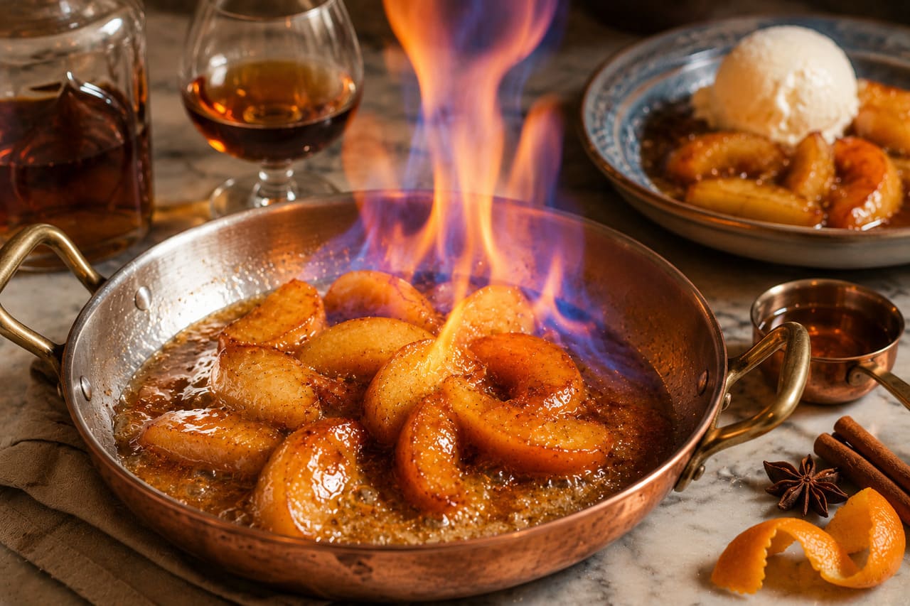 O flambado reduz parte do álcool e acrescenta notas caramelizadas e aromáticas à preparação. Apesar das chamas, nem todo o álcool evapora completamente, dependendo do tempo de cozimento.