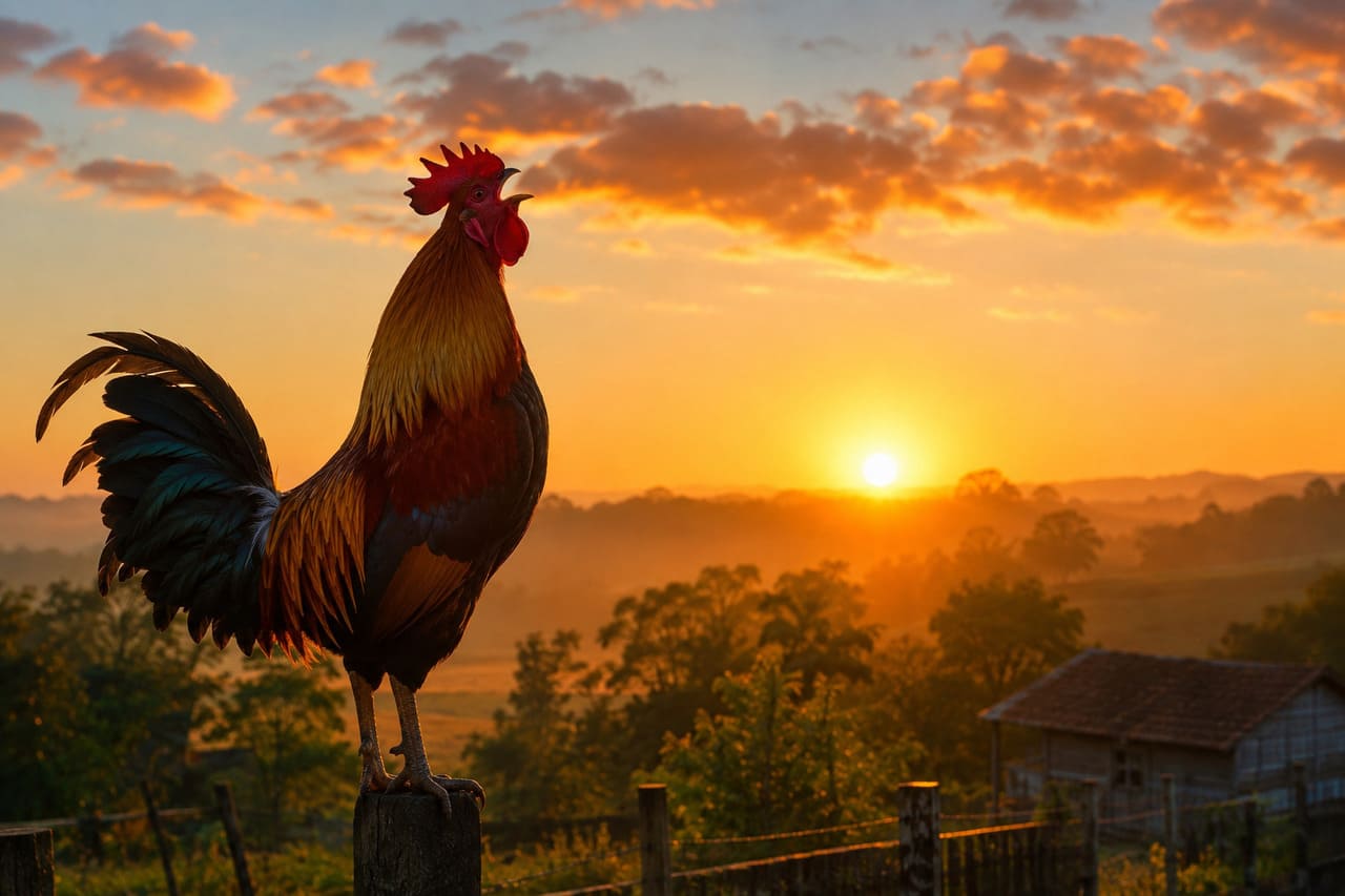 O canto do galo ao amanhecer é um som familiar para muitas pessoas. Repetido diariamente em horários semelhantes, esse comportamento acabou se tornando um dos principais símbolos da chegada de um novo dia. -  (crédito: imagem gerada por i.a )