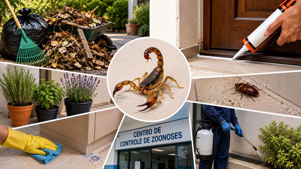 Ao encontrar escorpiões na residência, mantenha o ambiente limpo, elimine possíveis abrigos, vede frestas e controle a presença de baratas. Em caso de infestação, a orientação é procurar o serviço de controle de zoonoses ou uma empresa especializada.