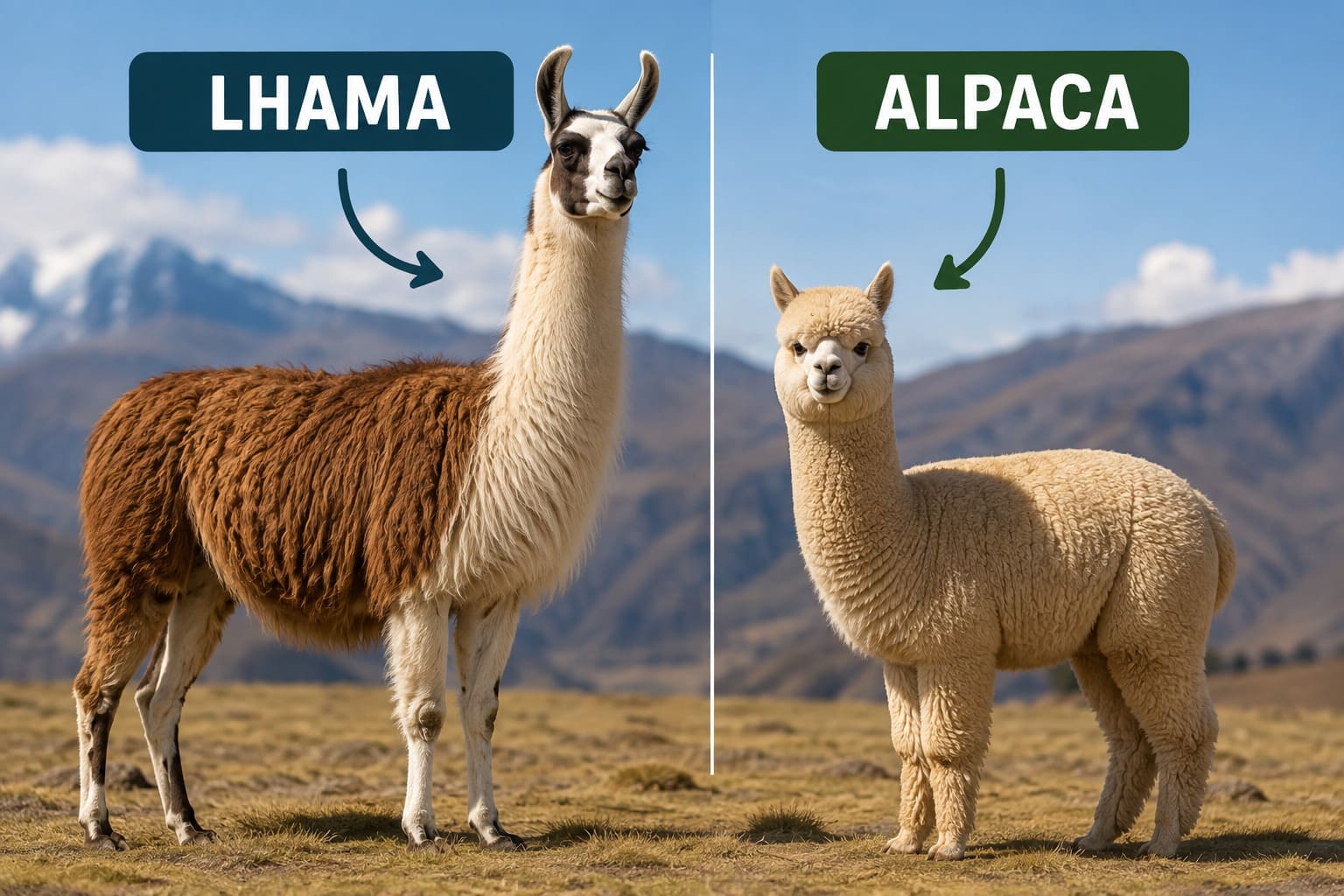 Muita gente confunde lhamas e alpacas por causa da aparência semelhante, mas elas têm diferenças marcantes. As lhamas são maiores, têm rosto mais alongado e orelhas em formato de banana, enquanto as alpacas são menores, possuem focinho mais curto e são criadas principalmente pela qualidade de sua fibra.
