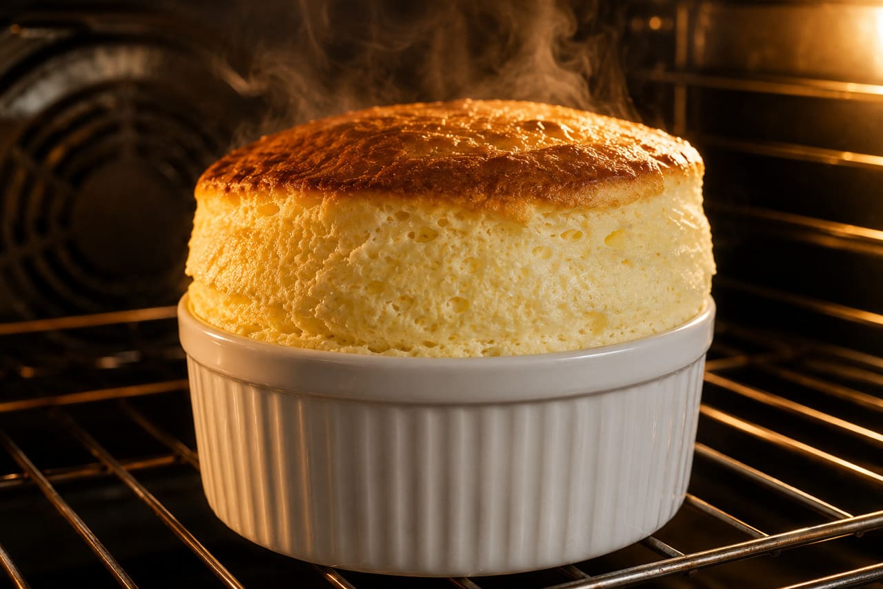 O suflê também depende das claras em neve. No forno, o ar e o vapor de água presentes na massa se expandem com o calor, fazendo a preparação crescer rapidamente.