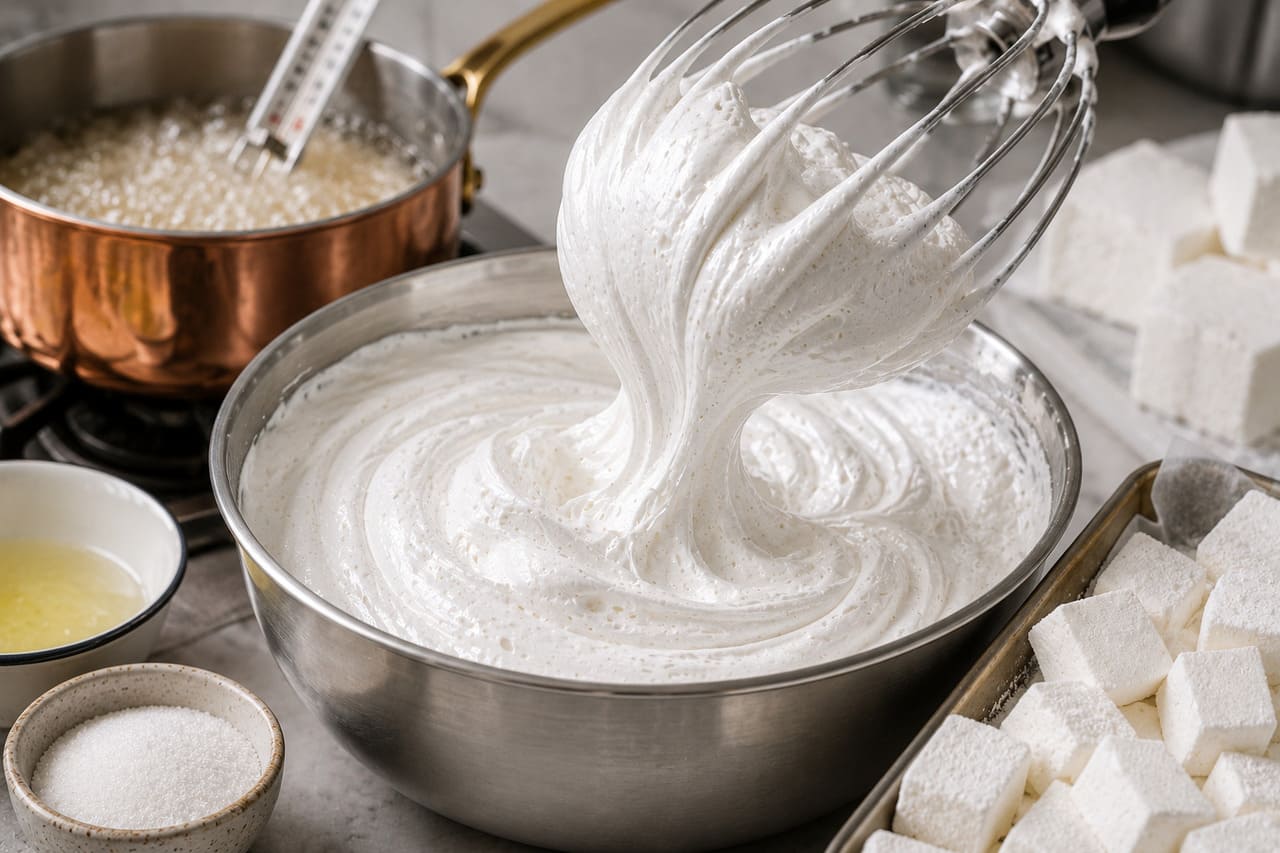 O marshmallow obtém sua leveza ao bater uma calda de açúcar quente com claras ou gelatina. Esse processo aprisiona milhões de bolhas de ar, formando uma espuma firme e macia.