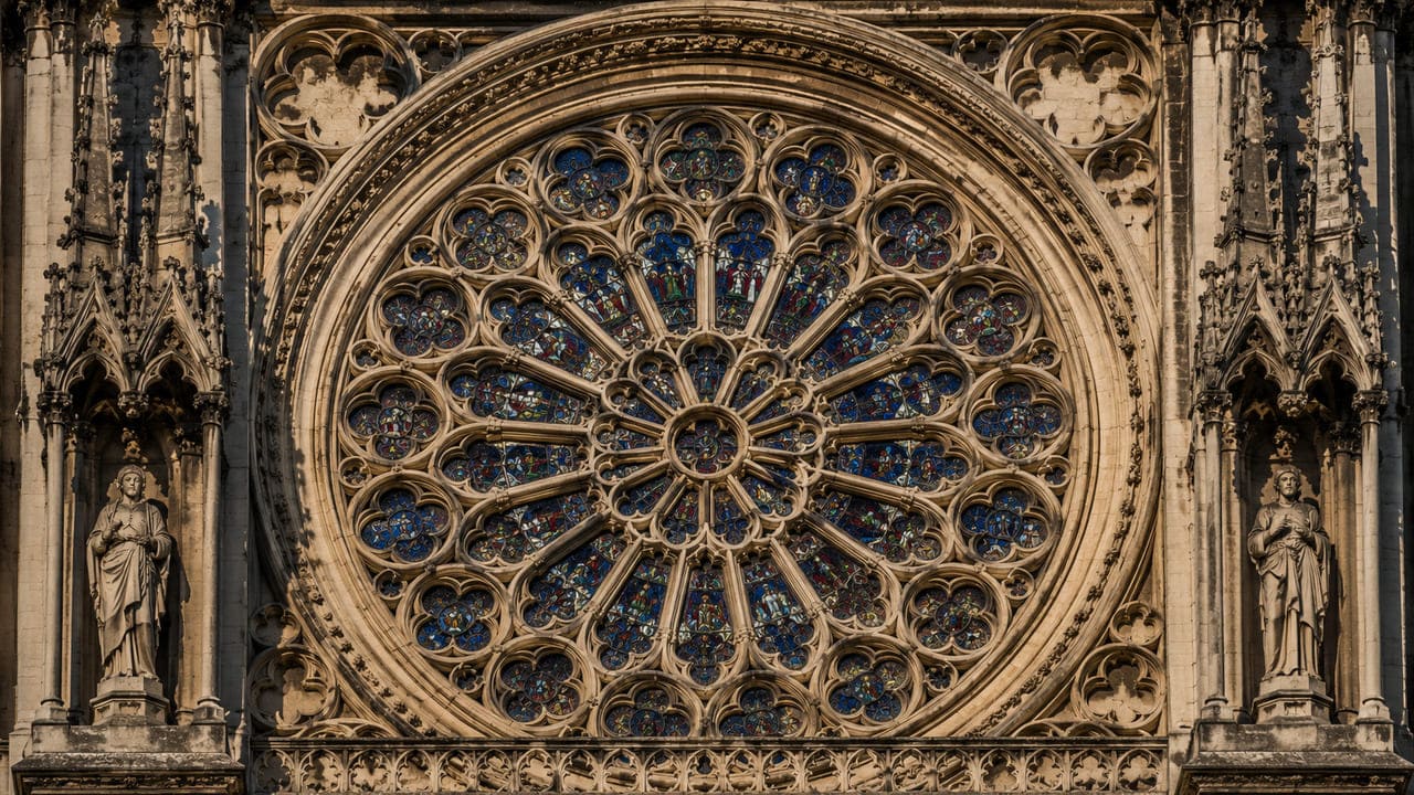 Rosáceas – Grandes janelas circulares ornamentadas, geralmente preenchidas por vitrais e desenhos geométricos, tornaram-se elementos marcantes da arquitetura gótica. Comuns nas fachadas e nos transeptos de catedrais, combinam iluminação, decoração e simbolismo religioso.