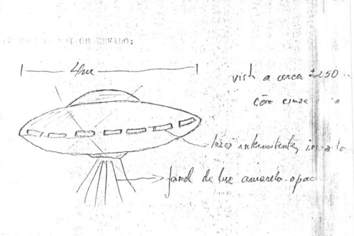 Ilustração elaborada a partir de relatos de aparição de objeto voador não identificado em Marília, São Paulo – Arquivo Nacional