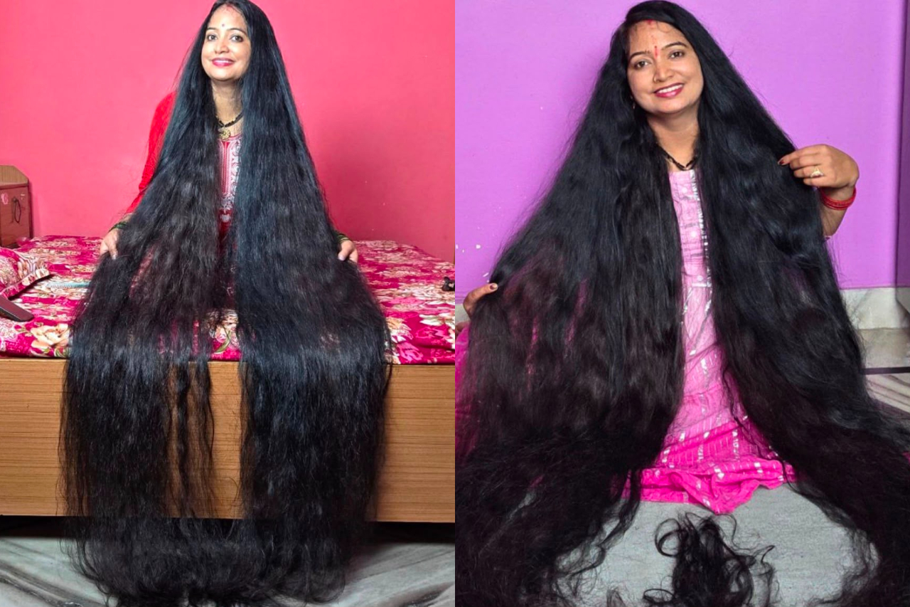 Imagens divulgadas pelo Guinness mostram a dimensão dos cabelos, que podem ocupar grande parte do espaço ao redor de Renu quando estão soltos. Para facilitar os cuidados e impedir que os fios entrem em contato com o chão, ela costuma reuni-los em uma trança extensa. -  (crédito: Divulgação/Guinness World Records)