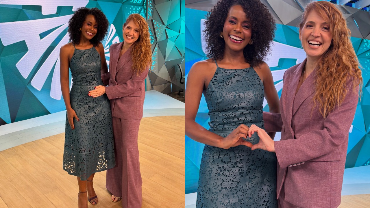 Maju Coutinho foi recebida com festa pela equipe do “Fantástico” na primeira edição do programa após anunciar a gravidez de seu primeiro filho. Nas redes sociais, o perfil oficial do dominical celebrou a notícia com uma foto de Poliana Abritta acariciando a barriga da colega. 
 -  (crédito: Reprodução / Instagram)