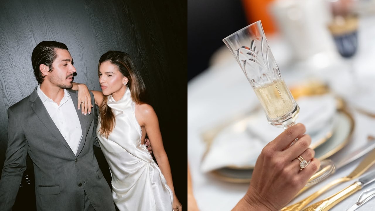 Mariana Rios compartilhou em suas redes sociais um carrossel de fotos do jantar em que celebrou o seu noivado com o empresário Juca Diniz. O evento aconteceu na noite do dia 18 de agosto, e contou com a presença de familiares e pessoas próximas do casal. Para a ocasião, a atriz usou um vestido branco de cetim da grife Francesca, enquanto o jantar ficou por conta da chef Terezinha Botelho. 
 -  (crédito: Reprodução / Instagram)