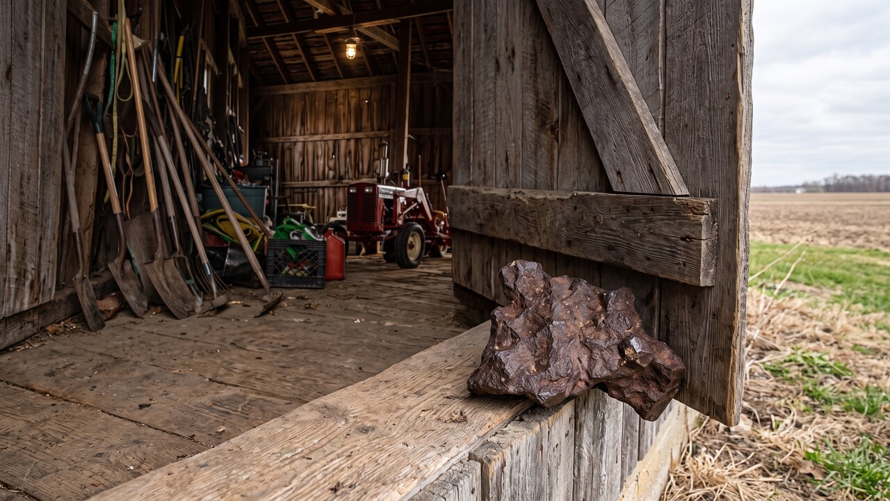Em uma fazenda no estado de Michigan, nos Estados Unidos, uma pedra usada pelos moradores como um simples peso para impedir que a porta de um galpão se fechasse, era, na verdade, um raro meteorito de ferro, com mais de 10 quilos e um valor estimado em aproximadamente 100 mil dólares. 
 -  (crédito: Imagem Gerada por I.A)