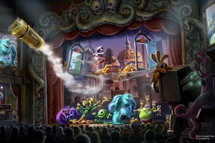 Rendering mostra o Glob Theater, onde Mike, Sulley e outros personagens apresentarão o espetáculo Welcome to Monstropolis – Divulgação/Disney