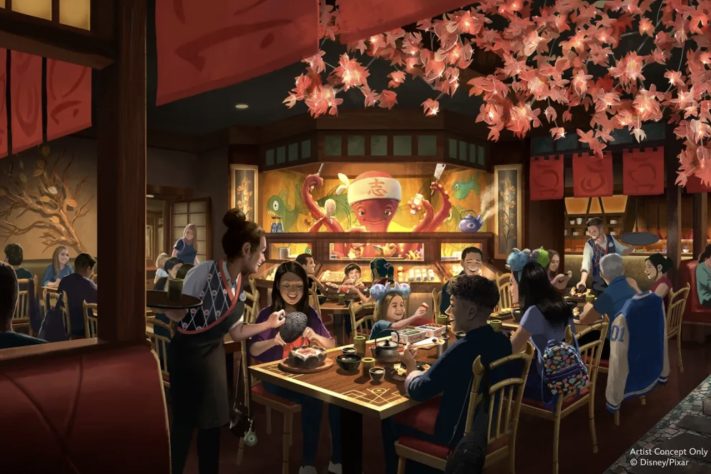 Rendering mostra o Harryhausen’s, restaurante inspirado em Monstros S.A. que terá sushi no cardápio e um personagem Audio-Animatronic do famoso chef – Divulgação/Disney