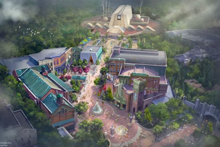 Rendering mostra vista aérea de Monstropolis, nova área temática inspirada em Monstros S.A. no Disney's Hollywood Studios – Divulgação/Disney