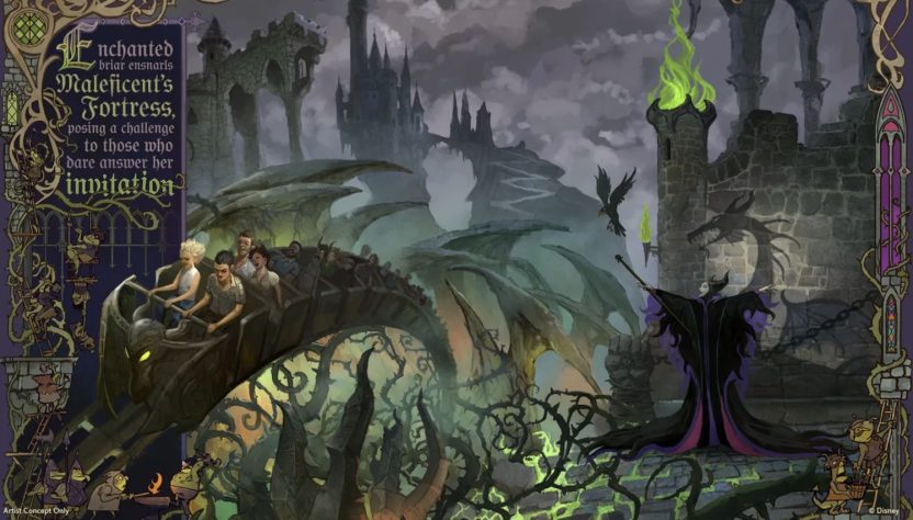 Rendering revela a futura Villains Land, área dedicada aos vilões da Disney, com destaque para a fortaleza de Malévola e uma nova montanha-russa – Divulgação/Disney