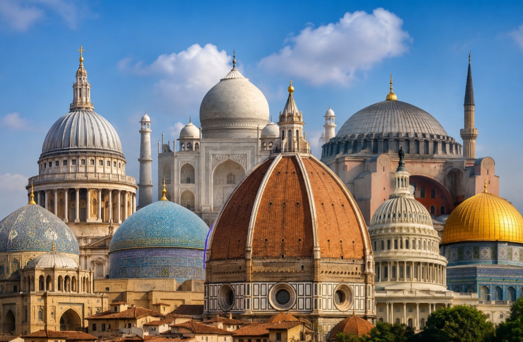 As cúpulas vão muito além de sua função estrutural. Em diferentes partes do mundo, muitas se tornaram símbolos históricos e culturais, revelando estilos arquitetônicos, períodos históricos e aspectos da identidade das cidades onde foram construídas. -  (crédito: Imagem gerada por i.a )