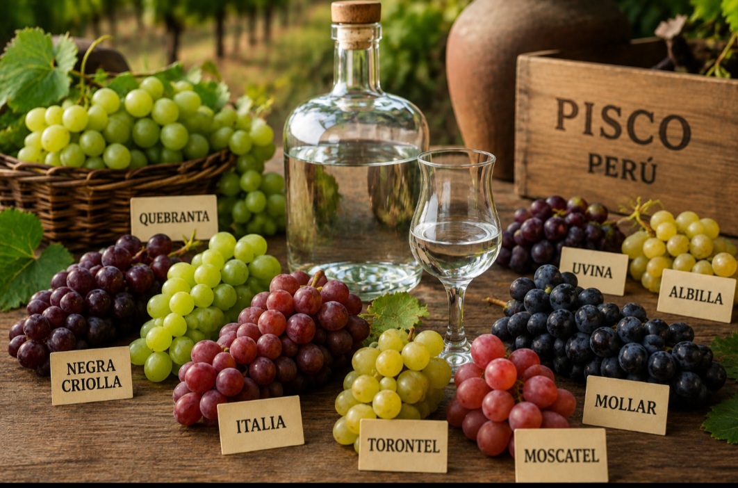 Nem toda uva pode ser utilizada na produção do pisco. No Peru, a legislação reconhece oito variedades de uvas pisqueras, entre elas Quebranta, Italia, Torontel e Moscatel. Essa diversidade influencia diretamente os aromas e sabores encontrados nas diferentes versões da bebida.