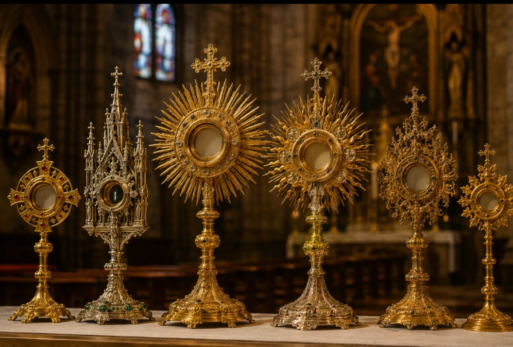 O uso do ostensório se difundiu na Europa durante a Idade Média, acompanhando o crescimento da devoção à Eucaristia e da prática de expor a hóstia consagrada aos fiéis. Ao longo dos séculos, o objeto ganhou diferentes formatos e ornamentações, refletindo os estilos artísticos de cada época.
