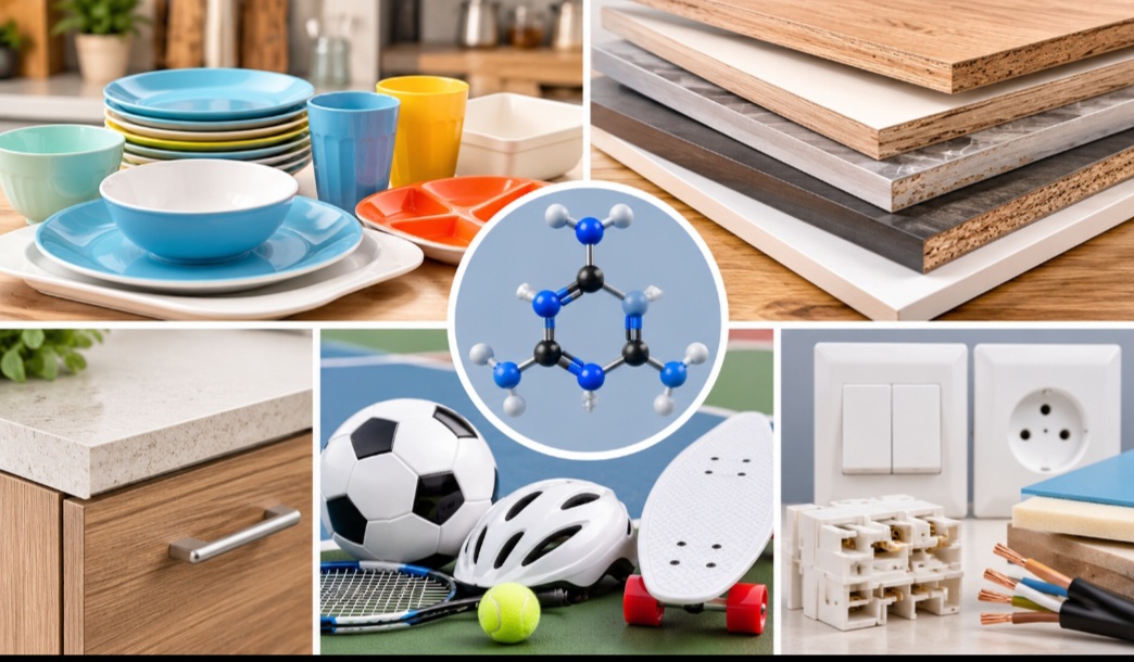 A melamina é, basicamente, uma substância química rica em nitrogênio, muito utilizada pela indústria na fabricação de resinas e diferentes tipos de materiais. Além dos utensílios de cozinha, as resinas à base de melamina podem ser empregadas em revestimentos, laminados, alguns artigos esportivos e materiais com propriedades retardantes de chama.