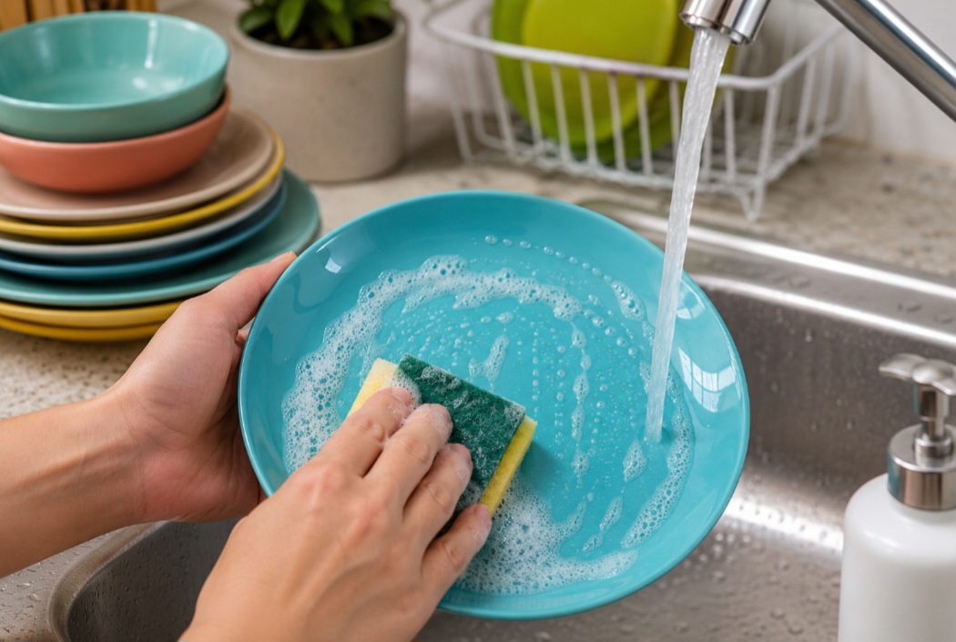 A limpeza dos utensílios de melamina deve ser feita com sabão neutro e esponja macia, evitando produtos abrasivos. Água fria ou morna pode ser utilizada normalmente. O principal cuidado é não expor o material a temperaturas muito elevadas.