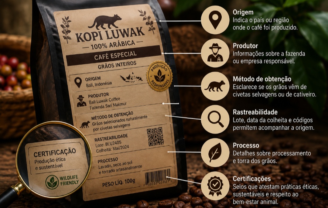 Informações no rótulo sobre origem, produtor, rastreabilidade e método de obtenção dos grãos podem ajudar o consumidor a avaliar a procedência do Kopi Luwak. No entanto, como há casos de informações pouco confiáveis no mercado, é importante buscar produtores e certificações reconhecidas.