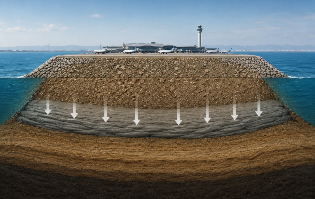O problema está principalmente no terreno sobre o qual as ilhas foram construídas. Sob a Baía de Osaka existem espessas camadas de argila e outros sedimentos que, submetidos ao enorme peso do aterro usado para criar as ilhas e das estruturas do aeroporto, vão sendo lentamente comprimidos.
Esse processo, conhecido como -  (crédito: Imagem gerada por i.a )