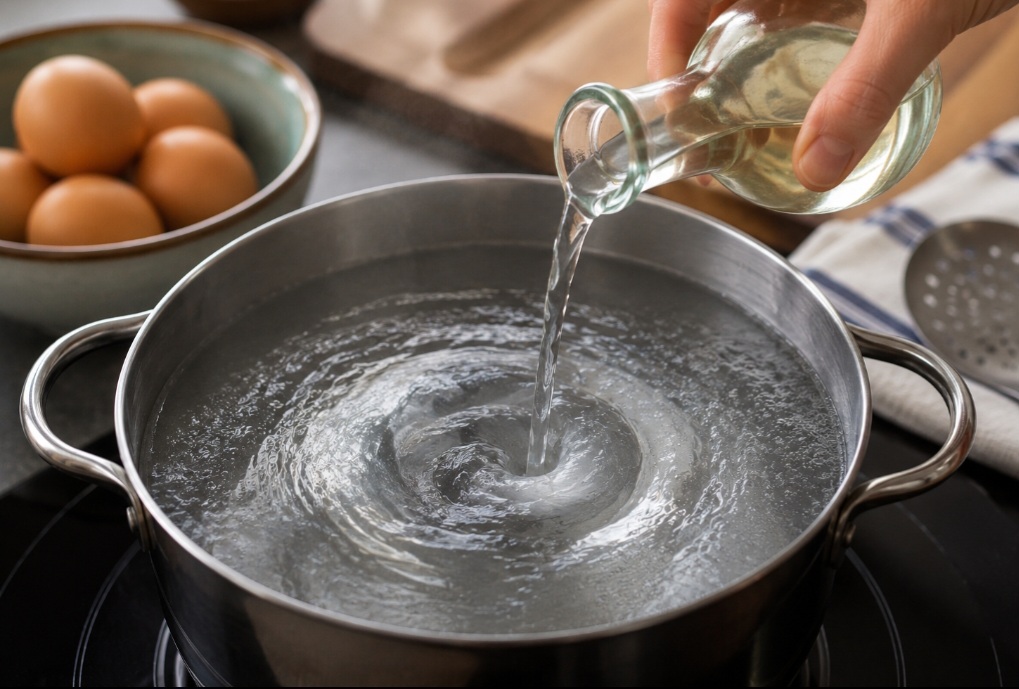 Uma pequena quantidade de vinagre na água é usada em muitas receitas de ovo pochê. A acidez ajuda a clara a se firmar, favorecendo a formação de uma camada ao redor da gema. Há, porém, técnicas que dispensam seu uso.