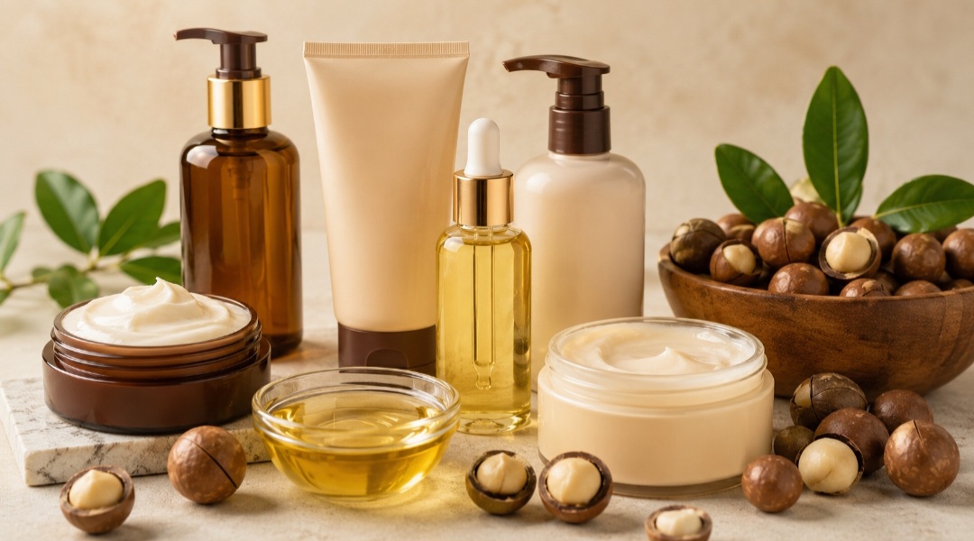 Na indústria cosmética, o óleo de macadâmia é utilizado principalmente por suas propriedades emolientes, ajudando a reduzir a perda de umidade e proporcionando sensação de maciez. Nos cabelos, aparece em produtos destinados ao condicionamento e ao brilho dos fios. Seus efeitos dependem da formulação de cada cosmético.