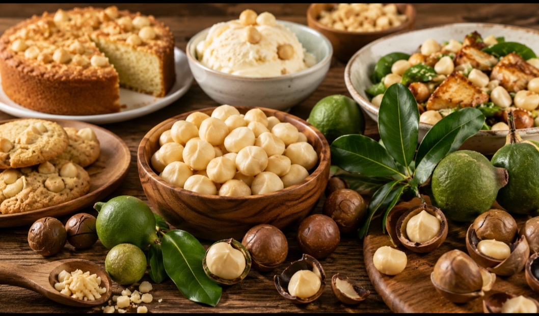 A macadâmia é um ingrediente versátil, presente tanto em receitas doces quanto salgadas. Pode ser usada em bolos, biscoitos, chocolates, sorvetes e sobremesas, além de saladas, molhos e pratos quentes. Seu sabor suave e amanteigado também combina bem com carnes, peixes e massas.