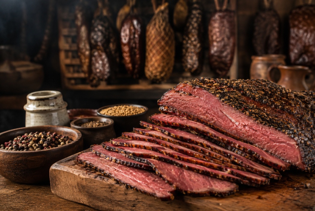 O pastrami está ligado a antigas técnicas de conservação de carnes praticadas na Europa Oriental. Preparações semelhantes eram comuns especialmente na Romênia, onde carnes eram salgadas, condimentadas e defumadas para aumentar sua durabilidade. A tradição acompanhou imigrantes que partiram para os Estados Unidos.