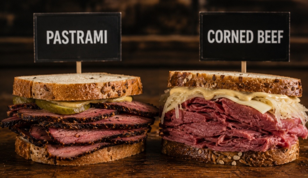 Embora os dois sejam carnes bovinas curadas e possam usar cortes semelhantes, o preparo não é igual. O pastrami recebe uma crosta de especiarias e tradicionalmente passa pela defumação, enquanto o corned beef costuma ser cozido depois da cura. Já o roast beef é assado e normalmente não passa por cura.