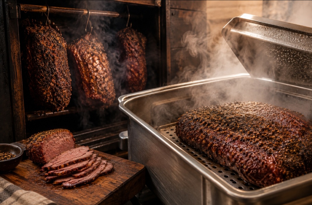 Antes de chegar à defumação, a carne passa por um processo de cura, normalmente em uma salmoura com sal e outros ingredientes. Ela pode permanecer nessa mistura durante vários dias. Além de contribuir para a conservação, essa etapa modifica a textura e ajuda a desenvolver o sabor característico.