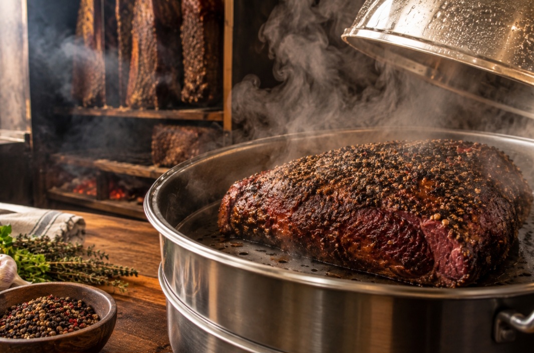 O pastrami é defumado lentamente, processo que acrescenta sabor e aroma à carne. Depois, pode passar por cozimento a vapor ou outra forma de aquecimento lento para ficar ainda mais macio. Quando pronto, costuma ser cortado em fatias finas antes de ser servido.