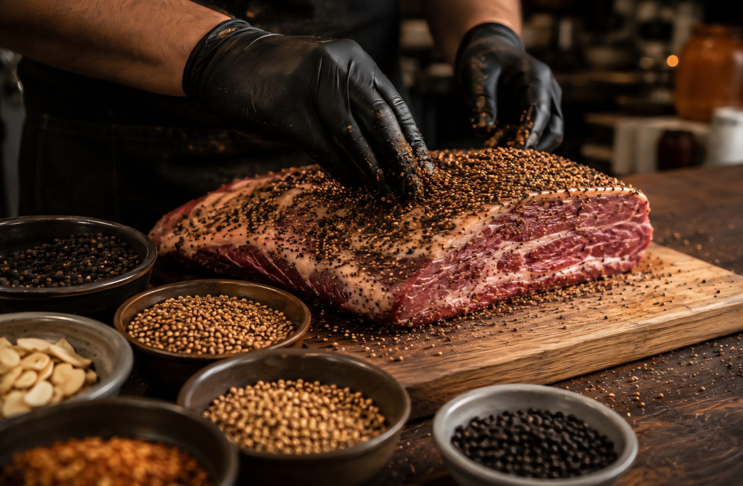 Depois da cura, a carne recebe uma mistura de especiarias antes de ser defumada. Pimenta-do-reino e sementes de coentro estão entre os temperos mais tradicionais, acompanhados frequentemente de alho e outros condimentos. Essa cobertura forma a crosta escura característica do pastrami.
Defumação e cozimento dão