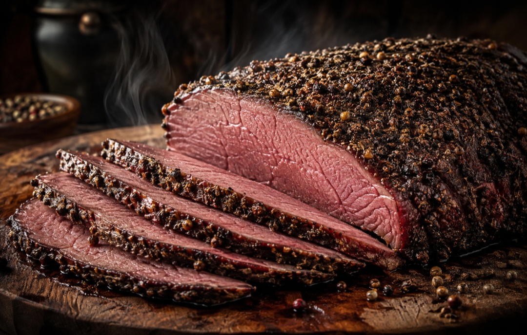 O pastrami é uma carne curada, bastante temperada, defumada e posteriormente cozida até ficar macia. Nos Estados Unidos, geralmente é preparado com cortes bovinos, especialmente partes do peito. O resultado tem sabor intenso e aroma característico de especiarias e fumaça. - 