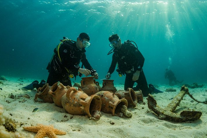 Arqueólogos encontram mais de 600 ânforas em naufrágio de 2.300 anos na Grécia – Imagem gerada por IA
