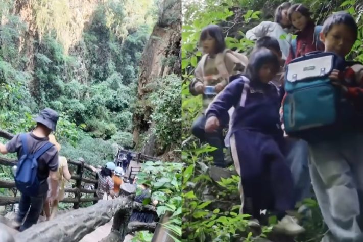 Trajeto escolar que era feito a pé entre penhascos ganha elevadores e passa a durar apenas meia hora em Yunnan, na China – Reprodução/CCTV