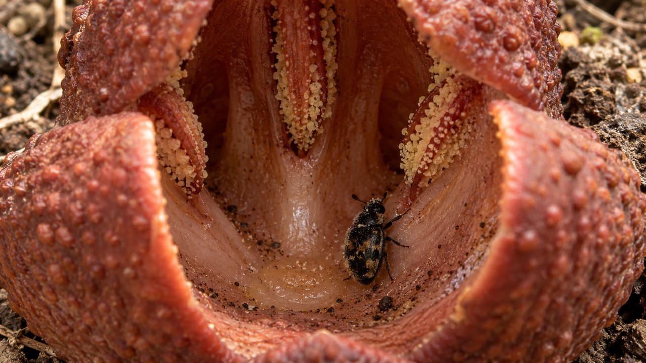 Os besouros ficam presos temporariamente no interior da flor. Um estudo realizado na Namíbia observou que a superfície interna dificulta sua saída. Depois que o pólen é liberado, mudanças nessa superfície permitem que parte dos insetos escape.
