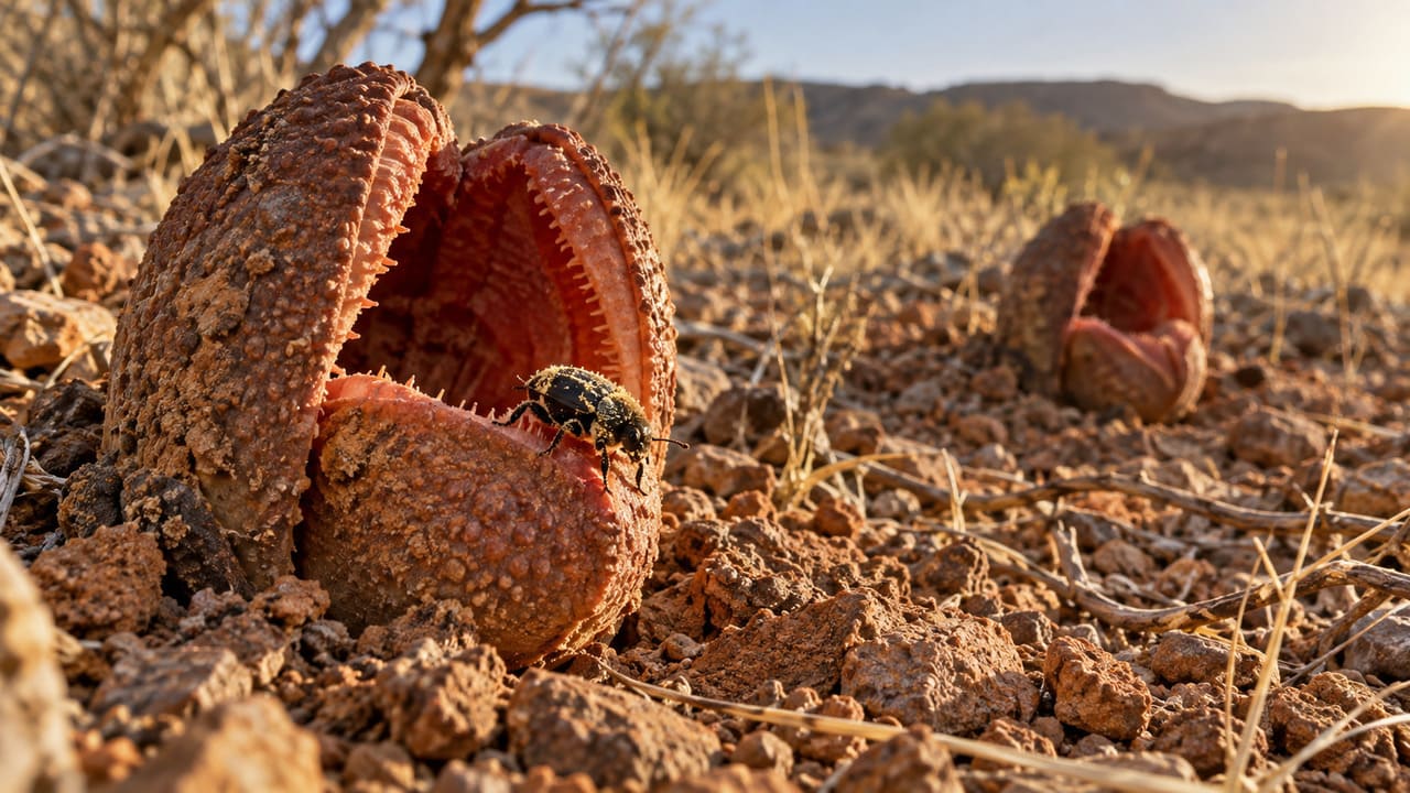Ao sair, os besouros podem carregar pólen para outra flor de Hydnora africana. Assim, a prisão temporária ajuda a planta a se reproduzir. É uma estratégia surpreendente para uma espécie que passa quase toda a vida fora de vista.