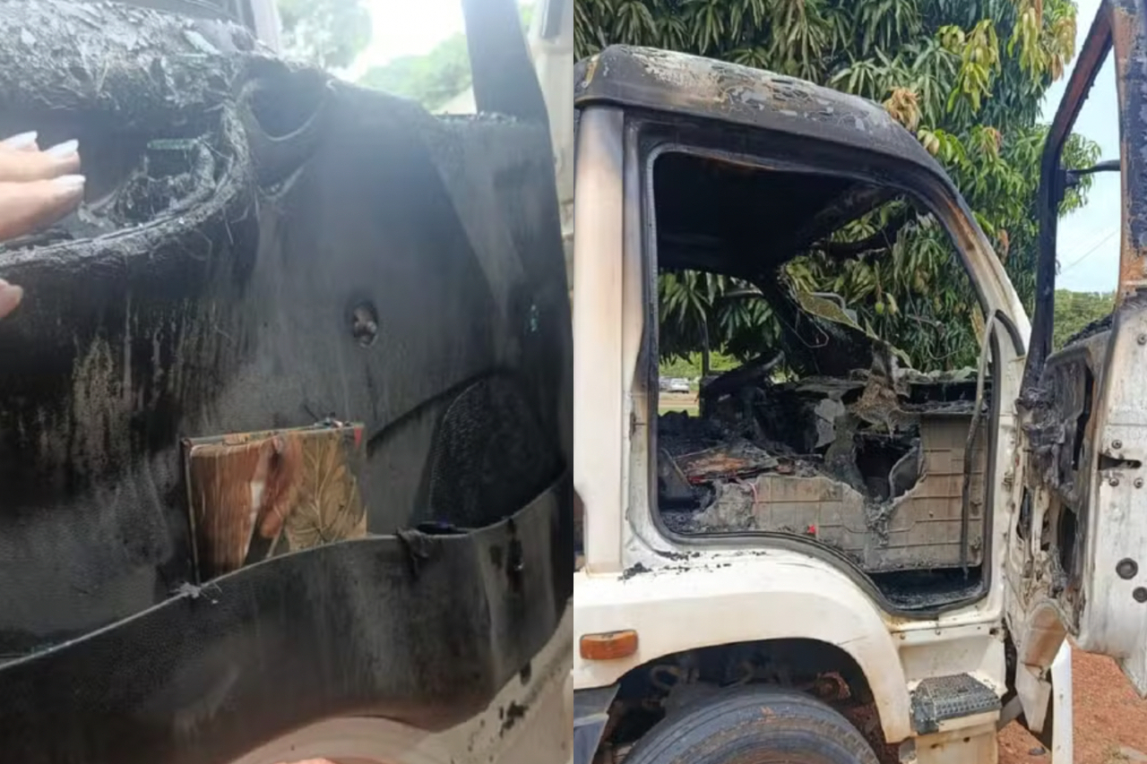 As chamas destruíram praticamente toda a estrutura do caminhão, que estava estacionado em frente à casa do sogro de Letícia, em Palmas, Tocantins, no dia 15 de janeiro de 2026. Entre os poucos itens que resistiram ao fogo estava uma Bíblia guardada na porta do motorista.