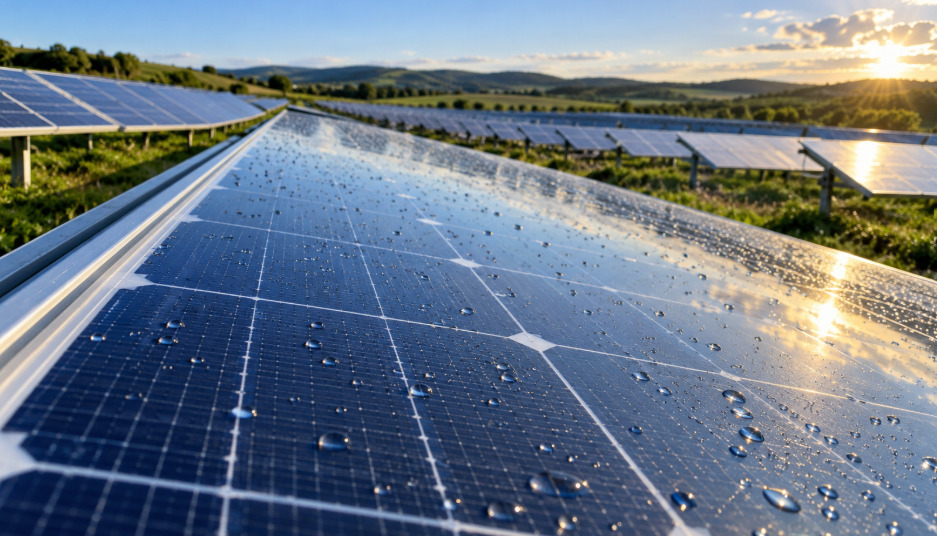 O vidro também é essencial na geração de energia solar, protegendo as células fotovoltaicas contra chuva, poeira e impactos. Sua elevada transparência permite a passagem da luz necessária para produzir eletricidade. Tratamentos especiais ainda podem reduzir reflexos e aumentar o aproveitamento da radiação solar.
