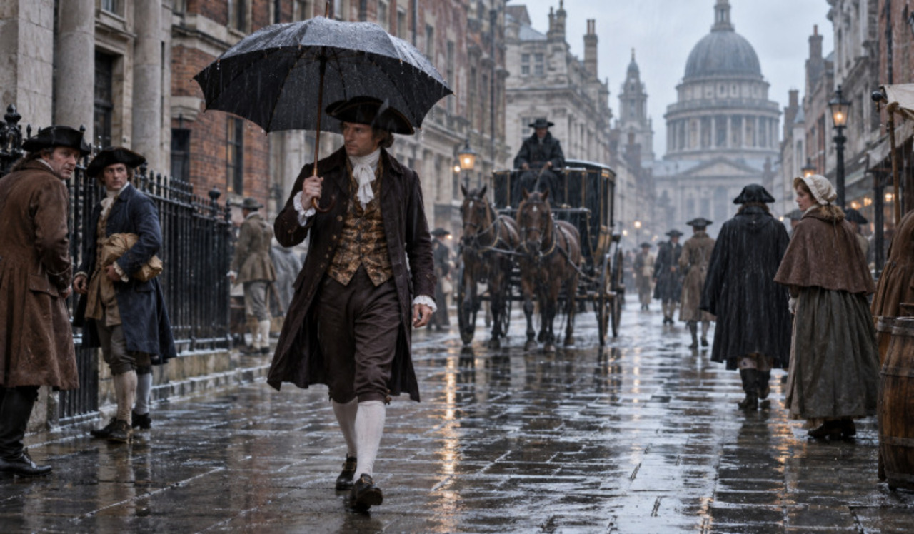 Na Inglaterra do século XVIII, o guarda-chuva ainda enfrentava resistência entre os homens, mas ganhou espaço por sua utilidade diante da chuva. Aos poucos, deixou de ser visto como um acessório exclusivamente feminino e tornou-se comum nas ruas.