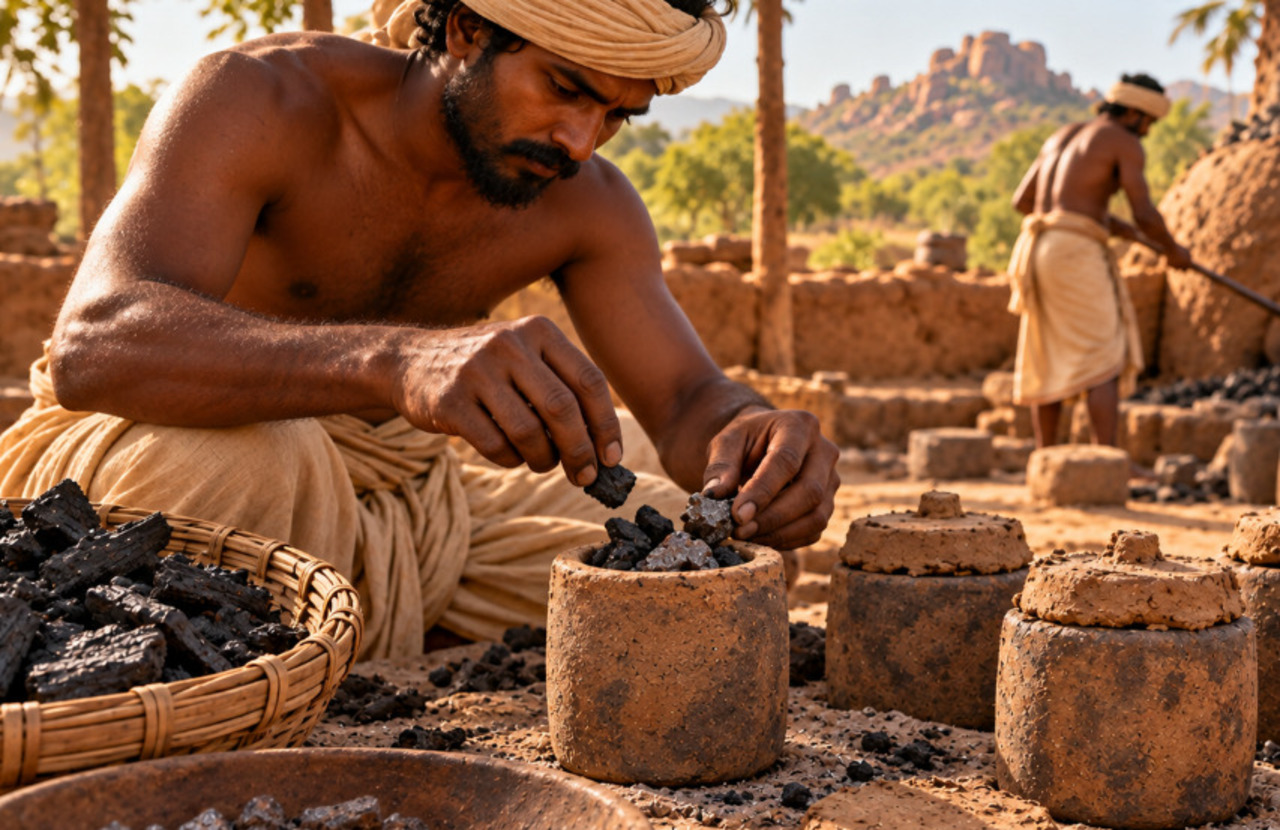 Os artesãos colocavam ferro e materiais ricos em carbono em pequenos recipientes resistentes ao calor. Os cadinhos eram fechados e aquecidos em fornos até formar lingotes de aço. A composição, o tempo de aquecimento e o resfriamento influenciavam o resultado.